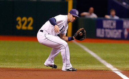 ST. PETERSBURG, FL - SEPTEMBER 27:  Infielder Sean Rodriguez #1 of the Tampa Bay Rays fields a ball against the New York Yankees during the game at Tropicana Field on September 27, 2011 in St. Petersburg, Florida.  <br /><br /><span class="help">(Photo by J. Meric/Getty Images)</span>