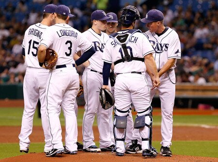 ST. PETERSBURG, FL - SEPTEMBER 27:  Pitching coach Jim Hickey #48 (right) of the Tampa Bay Rays talks with pitcher Jeremy Hellickson #58 during the game against the New York Yankees at Tropicana Field on September 27, 2011 in St. Petersburg, Florida.  <br /><br /><span class="help">(Photo by J. Meric/Getty Images)</span>