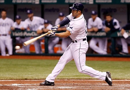 ST. PETERSBURG, FL - SEPTEMBER 27:  Designated hitter Johnny Damon #22 of the Tampa Bay Rays fouls off a pitch against the New York Yankees during the game at Tropicana Field on September 27, 2011 in St. Petersburg, Florida.  <br /><br /><span class="help">(Photo by J. Meric/Getty Images)</span>