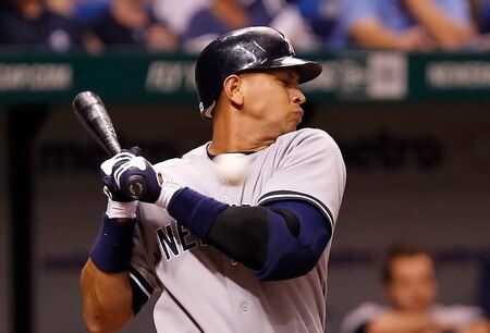 ST. PETERSBURG, FL - SEPTEMBER 27:  Infielder Alex Rodriguez #13 of the New York Yankees is brushed back by a pitch from the Tampa Bay Rays during the game at Tropicana Field on September 27, 2011 in St. Petersburg, Florida.  <br /><br /><span class="help">(Photo by J. Meric/Getty Images)</span>