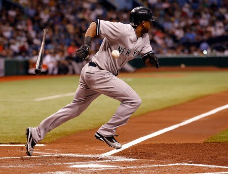ST. PETERSBURG, FL - SEPTEMBER 28:  Eduardo Nunez #26 of the New York Yankees attempts a bunt against the Tampa Bay Rays during the game at Tropicana Field on September 28, 2011 in St. Petersburg, Florida.  <br /><br /><span class="help">(Photo by J. Meric/Getty Images)</span>