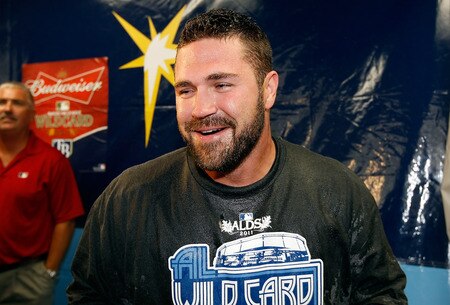 ST PETERSBURG, FL - SEPTEMBER 28:  Catcher Kelly Shoppach #10 of the Tampa Bay Rays celebrates the Rays victory over the New York Yankees at Tropicana Field on September 28, 2011 in St. Petersburg, Florida.  <br /><br /><span class="help">(Photo by J. Meric/Getty Images)</span>