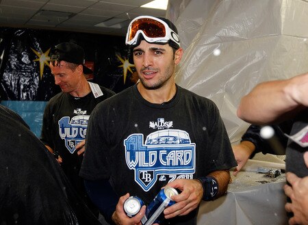 ST PETERSBURG, FL - SEPTEMBER 28:  Sean Rodriguez #1 of the Tampa Bay Rays celebrates the Rays victory over the New York Yankees at Tropicana Field on September 28, 2011 in St. Petersburg, Florida.  <br /><br /><span class="help">(Photo by J. Meric/Getty Images)</span>
