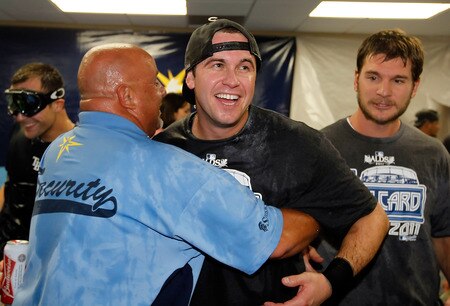 ST PETERSBURG, FL - SEPTEMBER 28:  Evan Longoria #3 of the Tampa Bay Rays celebrates the Rays victory over the New York Yankees at Tropicana Field on September 28, 2011 in St. Petersburg, Florida.  <br /><br /><span class="help">(Photo by J. Meric/Getty Images)</span>