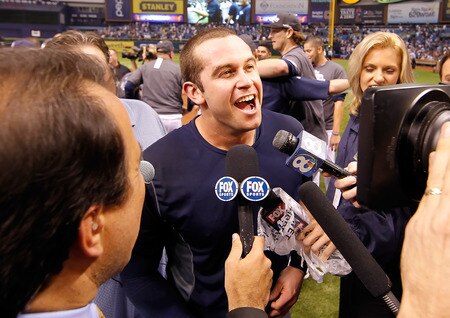 ST PETERSBURG, FL - SEPTEMBER 28:  Evan Longoria #3 of the Tampa Bay Rays is interviewed by the media after the Rays victory over the New York Yankees at Tropicana Field on September 28, 2011 in St. Petersburg, Florida.  <br /><br /><span class="help">(Photo by J. Meric/Getty Images)</span>