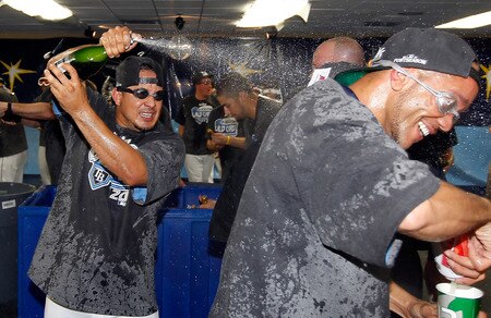ST PETERSBURG, FL - SEPTEMBER 28:  Pitcher Joel Peralta #62 of the Tampa Bay Rays celebrates the Rays victory over the New York Yankees at Tropicana Field on September 28, 2011 in St. Petersburg, Florida.  <br /><br /><span class="help">(Photo by J. Meric/Getty Images)</span>
