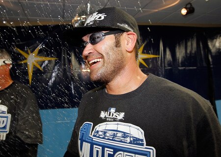 ST PETERSBURG, FL - SEPTEMBER 28:  Designated hitter Johnny Damon #22 of the Tampa Bay Rays celebrates the Rays victory over the New York Yankees at Tropicana Field on September 28, 2011 in St. Petersburg, Florida.  <br /><br /><span class="help">(Photo by J. Meric/Getty Images)</span>