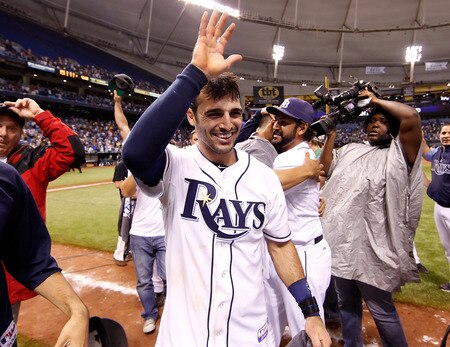 ST PETERSBURG, FL - SEPTEMBER 28:  Sean Rodriguez #1 of the Tampa Bay Rays celebrates the Rays victory over the New York Yankees at Tropicana Field on September 28, 2011 in St. Petersburg, Florida.  <br /><br /><span class="help">(Photo by J. Meric/Getty Images)</span>