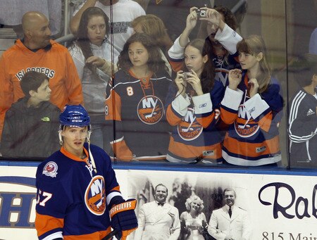 BRIDGEPORT, CT - OCTOBER 01: Blake Comeau #57 of the New York Islanders skates in warmups prior to the game against the Boston Bruins at the Webster Bank Arena on October 1, 2011 in Bridgeport, Connecticut.  <br /><br /><span class="help">(Photo by Bruce Bennett/Getty Images)</span>