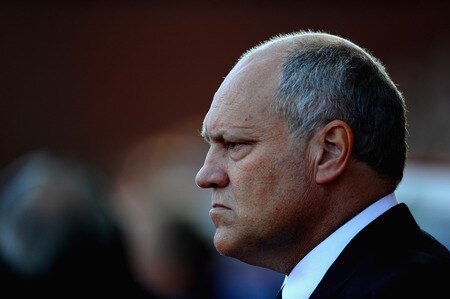 STOKE ON TRENT, ENGLAND - OCTOBER 15: Martin Jol of Fulham looks on during the Barclays Premier League match between Stoke City and Fulham at Britannia Stadium on October 15, 2011 in Stoke on Trent, England.  <br /><br /><span class="help">(Photo by Laurence Griffiths/Getty Images)</span>