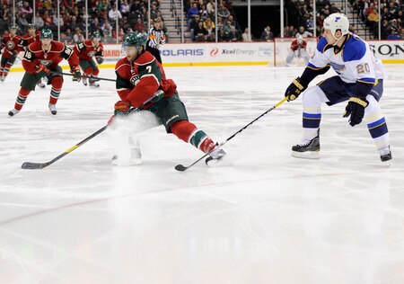ST PAUL, MN - NOVEMBER 5: Matt Cullen #7 of the Minnesota Wild changes directions with the puck against Alexander Steen #20 of the St. Louis Blues in the first period on November 5, 2011 at Xcel Energy Center in Minneapolis, Minnesota. <br /><br /><span class="help">(Photo by Hannah Foslien/Getty Images)</span>