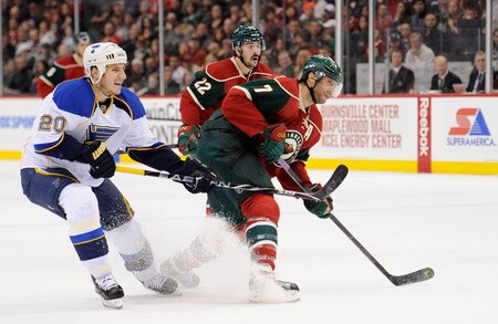 ST PAUL, MN - NOVEMBER 5: Alexander Steen #20 of the St. Louis Blues and Cal Clutterbuck #22 of the Minnesota Wild watch a shot by Matt Cullen #7 of the Minnesota Wild in the first period on November 5, 2011 at Xcel Energy Center in Minneapolis, Minnesota. <br /><br /><span class="help">(Photo by Hannah Foslien/Getty Images)</span>