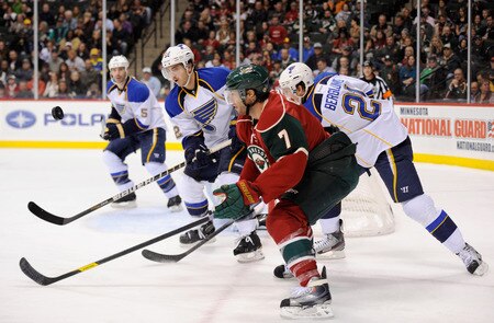 ST PAUL, MN - NOVEMBER 5: Matt Cullen #7 of the Minnesota Wild battles for the puck against Kevin Shattenkirk #22 and Patrik Berglund #21 of the St. Louis Blues in the first period on November 5, 2011 at Xcel Energy Center in Minneapolis, Minnesota. <br /><br /><span class="help">(Photo by Hannah Foslien/Getty Images)</span>