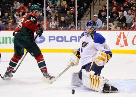 ST PAUL, MN - NOVEMBER 5: Colton Gillies #18 of the Minnesota Wild looks on as Jaroslav Halak #41 of the St. Louis Blues blocks a shot in the first period on November 5, 2011 at Xcel Energy Center in Minneapolis, Minnesota. <br /><br /><span class="help">(Photo by Hannah Foslien/Getty Images)</span>