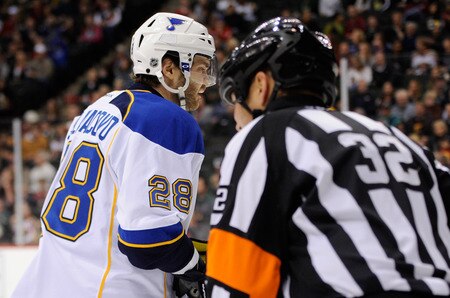 ST PAUL, MN - NOVEMBER 5: Carlo Colaiacovo #28 of the St. Louis Blues reacts to referee Tom Kowal #32 calling him on a penalty against the Minnesota Wild in the first period on November 5, 2011 at Xcel Energy Center in Minneapolis, Minnesota. <br /><br /><span class="help">(Photo by Hannah Foslien/Getty Images)</span>