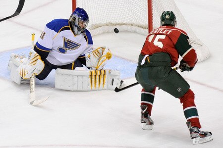 ST PAUL, MN - NOVEMBER 5: Jaroslav Halak #41 of the St. Louis Blues watches the shot by Dany Heatley #15 of the Minnesota Wild get past him in the second period on November 5, 2011 at Xcel Energy Center in Minneapolis, Minnesota. The Wild defeated the Blues 2-1. <br /><br /><span class="help">(Photo by Hannah Foslien/Getty Images)</span>