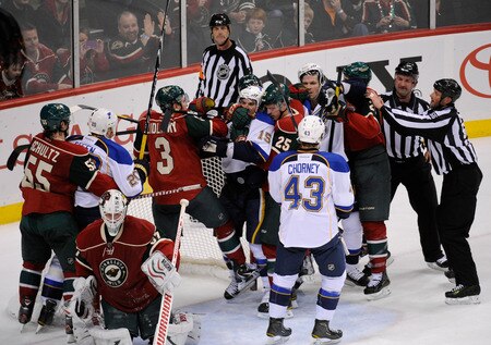 ST PAUL, MN - NOVEMBER 5: The St. Louis Blues and the Minnesota Wild get into it in the second period on November 5, 2011 at Xcel Energy Center in Minneapolis, Minnesota. The Wild defeated the Blues 2-1. <br /><br /><span class="help">(Photo by Hannah Foslien/Getty Images)</span>