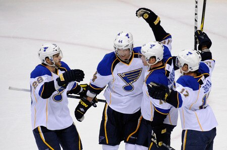 ST PAUL, MN - NOVEMBER 5: (L-R) Carlo Colaiacovo #28, Jason Arnott #44 and Vladimir Sobotka #17 of the St. Louis Blues congratulate Jamie Langenbrunner #15 on scoring against the Minnesota Wild in the third period on November 5, 2011 at Xcel Energy Center in Minneapolis, Minnesota. The Wild defeated the Blues 2-1. <br /><br /><span class="help">(Photo by Hannah Foslien/Getty Images)</span>
