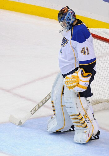 ST PAUL, MN - NOVEMBER 5: Jaroslav Halak #41 of the St. Louis Blues reacts to allowing a goal by Dany Heatley #15 of the Minnesota Wild in the second period on November 5, 2011 at Xcel Energy Center in Minneapolis, Minnesota. The Wild defeated the Blues 2-1. <br /><br /><span class="help">(Photo by Hannah Foslien/Getty Images)</span>