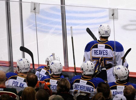 ST PAUL, MN - NOVEMBER 5: Ryan Reaves #75 of the St. Louis Blues and five of his teammates sit in the penalty box in the third period on November 5, 2011 at Xcel Energy Center in Minneapolis, Minnesota. The Wild defeated the Blues 2-1. <br /><br /><span class="help">(Photo by Hannah Foslien/Getty Images)</span>