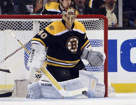BOSTON, MA - NOVEMBER 07:  Tuukka Rask #40 of the Boston Bruins stops a shot in the first period against the New York Islanders on November 7, 2011 at TD Garden in Boston, Massachusetts.  <br /><br /><span class="help">(Photo by Elsa/Getty Images)</span>