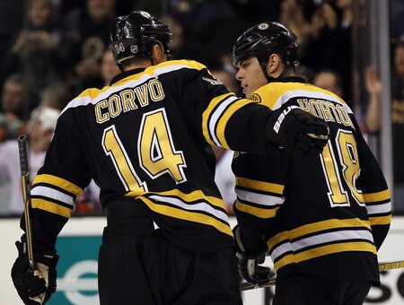 BOSTON, MA - NOVEMBER 07:  Nathan Horton #18 of the Boston Bruins is congratulated by teammate Joe Corvo #14  after Horton scored a goal in the first period against the New York Islanders on November 7, 2011 at TD Garden in Boston, Massachusetts.  <br /><br /><span class="help">(Photo by Elsa/Getty Images)</span>