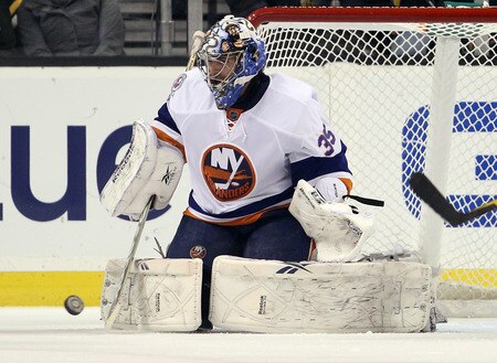 BOSTON, MA - NOVEMBER 07:  Al Montoya #35 of the New York Islanders stops a shot in the second period by the Boston Bruins on November 7, 2011 at TD Garden in Boston, Massachusetts.  <br /><br /><span class="help">(Photo by Elsa/Getty Images)</span>