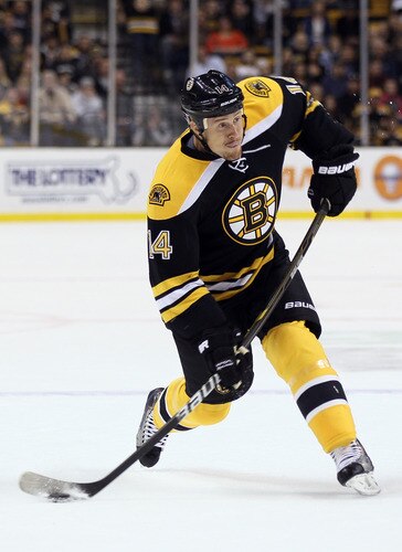 BOSTON, MA - NOVEMBER 07:  Joe Corvo #14 of the Boston Bruins takes a shot in the first period against the New York Islanders on November 7, 2011 at TD Garden in Boston, Massachusetts.  <br /><br /><span class="help">(Photo by Elsa/Getty Images)</span>