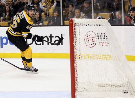 BOSTON, MA - NOVEMBER 07:  David Krejci #46 of the Boston Bruins scores an empty net goal in the third period against the New York Islanders on November 7, 2011 at TD Garden in Boston, Massachusetts. The Boston Bruins defeated the New York Islanders 6-2.  <br /><br /><span class="help">(Photo by Elsa/Getty Images)</span>