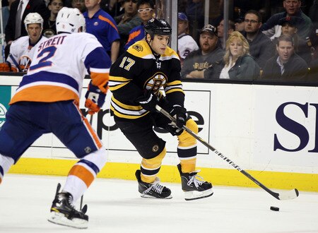 BOSTON, MA - NOVEMBER 07:  Milan Lucic #17 of the Boston Bruins heads for the net as Mark Streit #2 of the New York Islanders defends on November 7, 2011 at TD Garden in Boston, Massachusetts. The Boston Bruins defeated the New York Islanders 6-2.  <br /><br /><span class="help">(Photo by Elsa/Getty Images)</span>