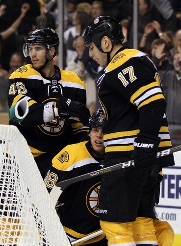 BOSTON, MA - NOVEMBER 07:  David Krejci #46, Nathan Horton #18 and Milan Lucic #17 of the Boston Bruins celebrate a goal in the third period against the New York Islanders on November 7, 2011 at TD Garden in Boston, Massachusetts. The Boston Bruins defeated the New York Islanders 6-2.  <br /><br /><span class="help">(Photo by Elsa/Getty Images)</span>