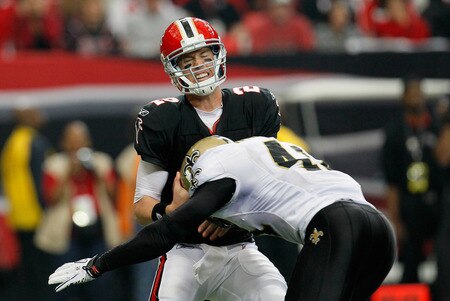 ATLANTA, GA - NOVEMBER 13:  Matt Ryan #2 of the Atlanta Falcons is sacked by Roman Harper #41 of the New Orleans Saints at Georgia Dome on November 13, 2011 in Atlanta, Georgia.  <br /><br /><span class="help">(Photo by Kevin C. Cox/Getty Images)</span>