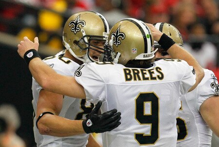 ATLANTA, GA - NOVEMBER 13:  Drew Brees #9 of the New Orleans Saints congratulates Jimmy Graham #80 after they hooked up for a touchdown against the Atlanta Falcons at Georgia Dome on November 13, 2011 in Atlanta, Georgia.  <br /><br /><span class="help">(Photo by Kevin C. Cox/Getty Images)</span>