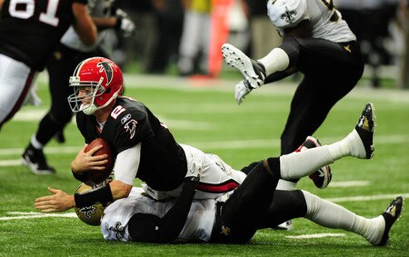 ATLANTA, GA - NOVEMBER 13: Matt Ryan #2 of the Atlanta Falcons is sacked by Roman Harper #41 of the New Orleans Saints at the Georgia Dome on November 13, 2011 in Atlanta, Georgia. <br /><br /><span class="help">(Photo by Scott Cunningham/Getty Images)</span>