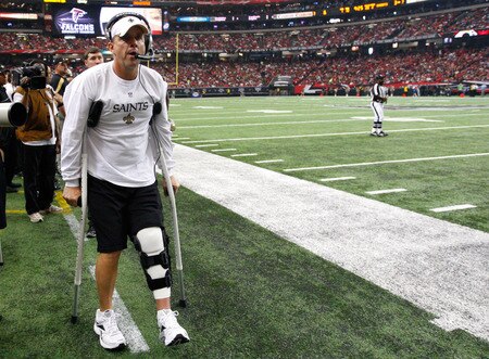 ATLANTA, GA - NOVEMBER 13:  Head coach Sean Payton of the New Orleans Saints looks on from the sidelines on crutches against the Atlanta Falcons at Georgia Dome on November 13, 2011 in Atlanta, Georgia.  <br /><br /><span class="help">(Photo by Kevin C. Cox/Getty Images)</span>