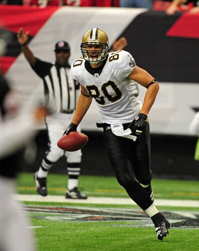 ATLANTA, GA - NOVEMBER 13: Jimmy Graham #80 of the New Orleans Saints celebrates after scoring a touchdown against the Atlanta Falcons at the Georgia Dome on November 13, 2011 in Atlanta, Georgia. <br /><br /><span class="help">(Photo by Scott Cunningham/Getty Images)</span>
