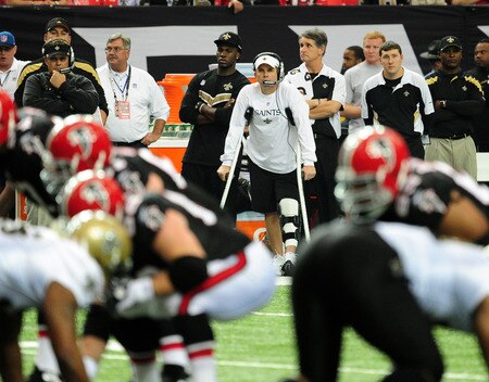 ATLANTA, GA - NOVEMBER 13: Injured Head Coach Sean Payton of the New Orleans Saints watches the action against the Atlanta Falcons at the Georgia Dome on November 13, 2011 in Atlanta, Georgia. <br /><br /><span class="help">(Photo by Scott Cunningham/Getty Images)</span>
