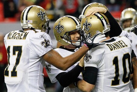 ATLANTA, GA - NOVEMBER 13:  John Kasay #2 of the New Orleans Saints celebrates kicking the game-winning field goal in overtime against the Atlanta Falcons with Robert Meachem #17 and Chase Daniel #10 at Georgia Dome on November 13, 2011 in Atlanta, Georgia.  <br /><br /><span class="help">(Photo by Kevin C. Cox/Getty Images)</span>