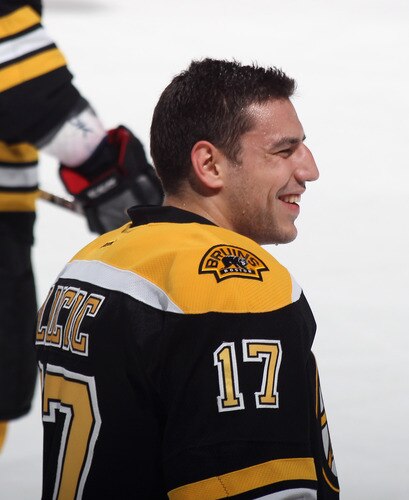 UNIONDALE, NY - NOVEMBER 19: Milan Lucic #17 of the Boston Bruins skates in warmups prior to the game against the New York Islanders at the Nassau Veterans Memorial Coliseum on November 19, 2011 in Uniondale, New York.  <br /><br /><span class="help">(Photo by Bruce Bennett/Getty Images)</span>