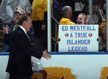 UNIONDALE, NY - NOVEMBER 19: Ed Westfall walks off the ice following a banner raising in his honor prior to the game between the New York Islanders and the Boston Bruins at the Nassau Veterans Memorial Coliseum on November 19, 2011 in Uniondale, New York.  <br /><br /><span class="help">(Photo by Bruce Bennett/Getty Images)</span>