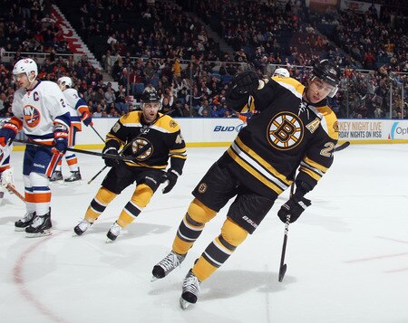 UNIONDALE, NY - NOVEMBER 19:  Chris Kelly #23 of the Boston Bruins celebrates his goal against the New York Islanders at 18:45 of the first period at the Nassau Veterans Memorial Coliseum on November 19, 2011 in Uniondale, New York.  <br /><br /><span class="help">(Photo by Bruce Bennett/Getty Images)</span>