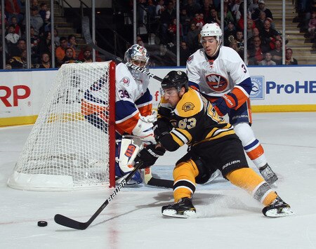UNIONDALE, NY - NOVEMBER 19: Brad Marchand #63 of the Boston Bruins loses his edge as he rounds the net during his game against the New York Islanders  at the Nassau Veterans Memorial Coliseum on November 19, 2011 in Uniondale, New York.  <br /><br /><span class="help">(Photo by Bruce Bennett/Getty Images)</span>
