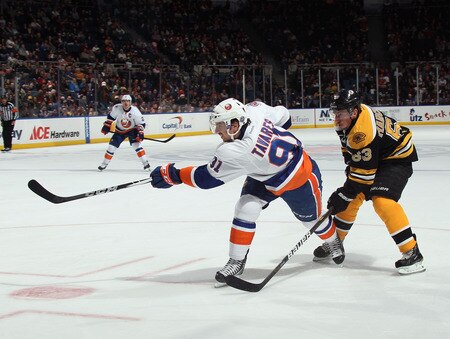 UNIONDALE, NY - NOVEMBER 19: John Tavares #91 of the New York Islanders fires a shot against the Boston Bruins at the Nassau Veterans Memorial Coliseum on November 19, 2011 in Uniondale, New York.  <br /><br /><span class="help">(Photo by Bruce Bennett/Getty Images)</span>