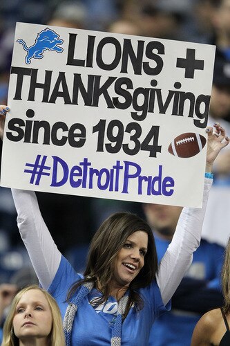 DETROIT, MI - NOVEMBER 24: Detroit Lions fan celebrates the annual Thanksgiving Day Game prior to the start of the game against the Green Bay Packers at Ford Field on November 24, 2011 in Detroit, Michigan.  <br /><br /><span class="help">(Photo by Leon Halip/Getty Images)</span>