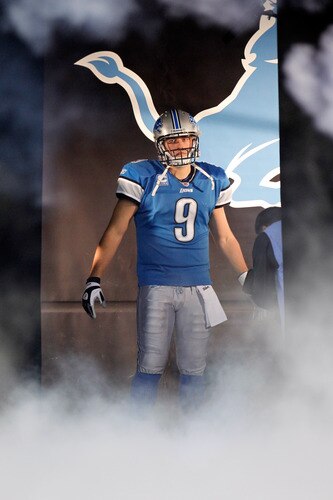 DETROIT, MI - NOVEMBER 24:  Quarterback Matthew Stafford #9 of the Detroit Lions is introduced before taking on the Green Bay Packers during the Thanksgiving Day game at Ford Field on November 24, 2011 in Detroit, Michigan.  <br /><br /><span class="help">(Photo by Gregory Shamus/Getty Images)</span>