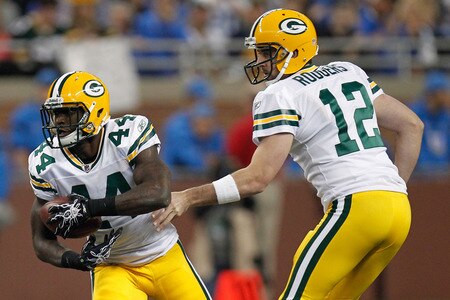 DETROIT, MI - NOVEMBER 24:  Running back James Starks #44 is handed the ball by quarterback Aaron Rodgers #12 of the Green Bay Packers in the first quarter against the Detroit Lions during the Thanksgiving Day game at Ford Field on November 24, 2011 in Detroit, Michigan.  <br /><br /><span class="help">(Photo by Gregory Shamus/Getty Images)</span>