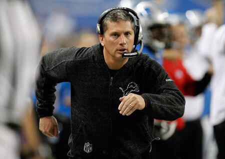 DETROIT, MI - NOVEMBER 24:  Head coach Jim Schwartz of the Detroit Lions runs down the sideline in the first half against the Green Bay Packers during the Thanksgiving Day game at Ford Field on November 24, 2011 in Detroit, Michigan.  <br /><br /><span class="help">(Photo by Gregory Shamus/Getty Images)</span>