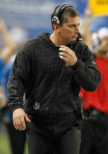DETROIT, MI - NOVEMBER 24:  Head coach Jim Schwartz of the Detroit Lions looks on in the first half against the Green Bay Packers during the Thanksgiving Day game at Ford Field on November 24, 2011 in Detroit, Michigan.  <br /><br /><span class="help">(Photo by Gregory Shamus/Getty Images)</span>