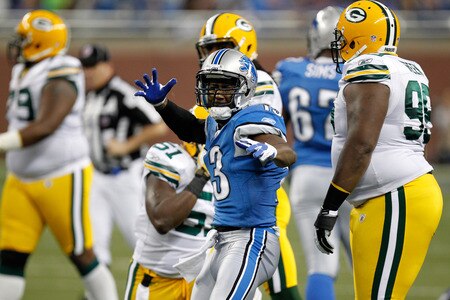 DETROIT, MI - NOVEMBER 24:  Wide receiver Nate Burleson #13 of the Detroit Lions reacts in the first half while taking on the Green Bay Packers during the Thanksgiving Day game at Ford Field on November 24, 2011 in Detroit, Michigan.  <br /><br /><span class="help">(Photo by Gregory Shamus/Getty Images)</span>