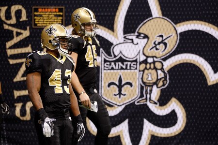 NEW ORLEANS, LA - DECEMBER 26:  Running back Darren Sproles #43 and fullback Jed Collins #45 of the New Orleans Saints stand next to each other before taking on the Atlanta Falcons at Mercedes-Benz Superdome on December 26, 2011 in New Orleans, Louisiana.  <br /><br /><span class="help">(Photo by Chris Graythen/Getty Images)</span>